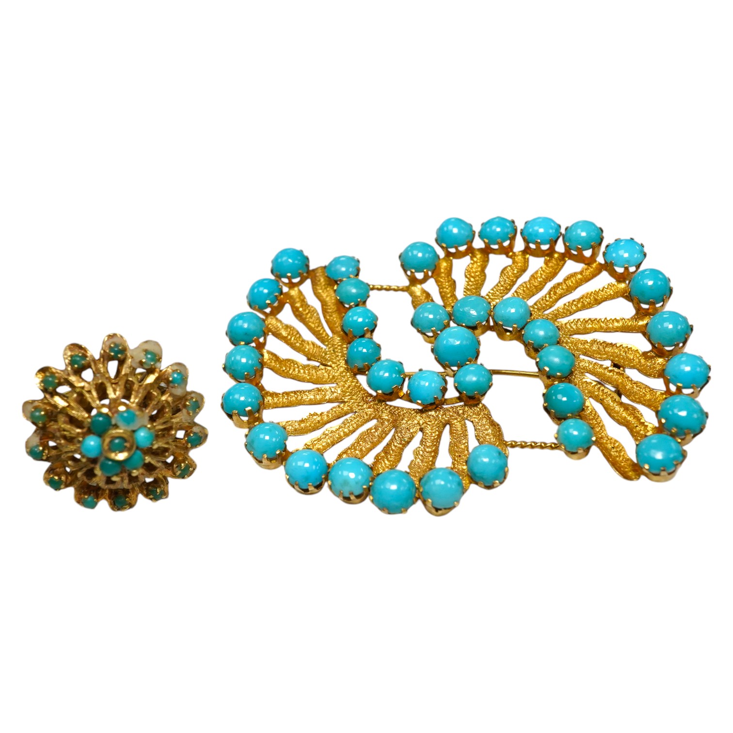 An 18ct gold and turquoise dress ring, gross 7.3 grams, and a turquoise set brooch stamped 750, gross 10.5 grams Condition - fair.